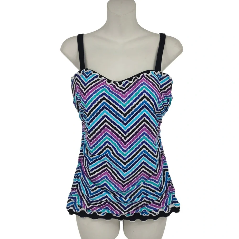 Profile by Gottex Tankini Top Women 34E Blue Purple Chevron Scalloped Vacation